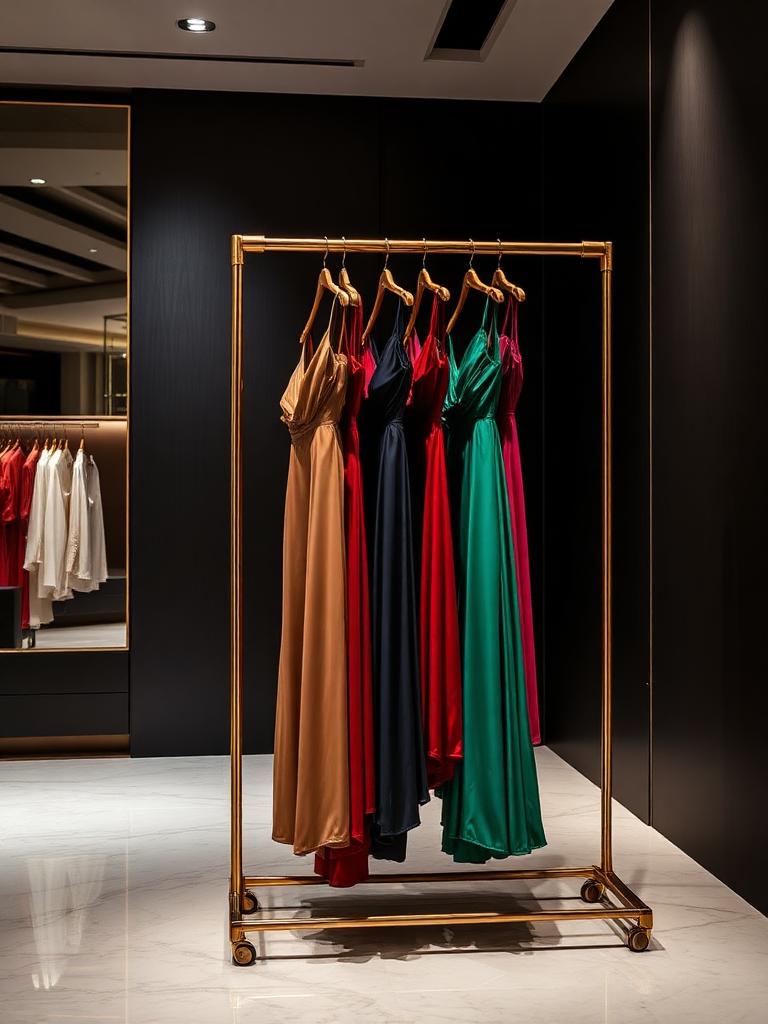 Gold freestanding garment rack with designer dresses in luxury boutique — Prime Display Racks Delhi NCR