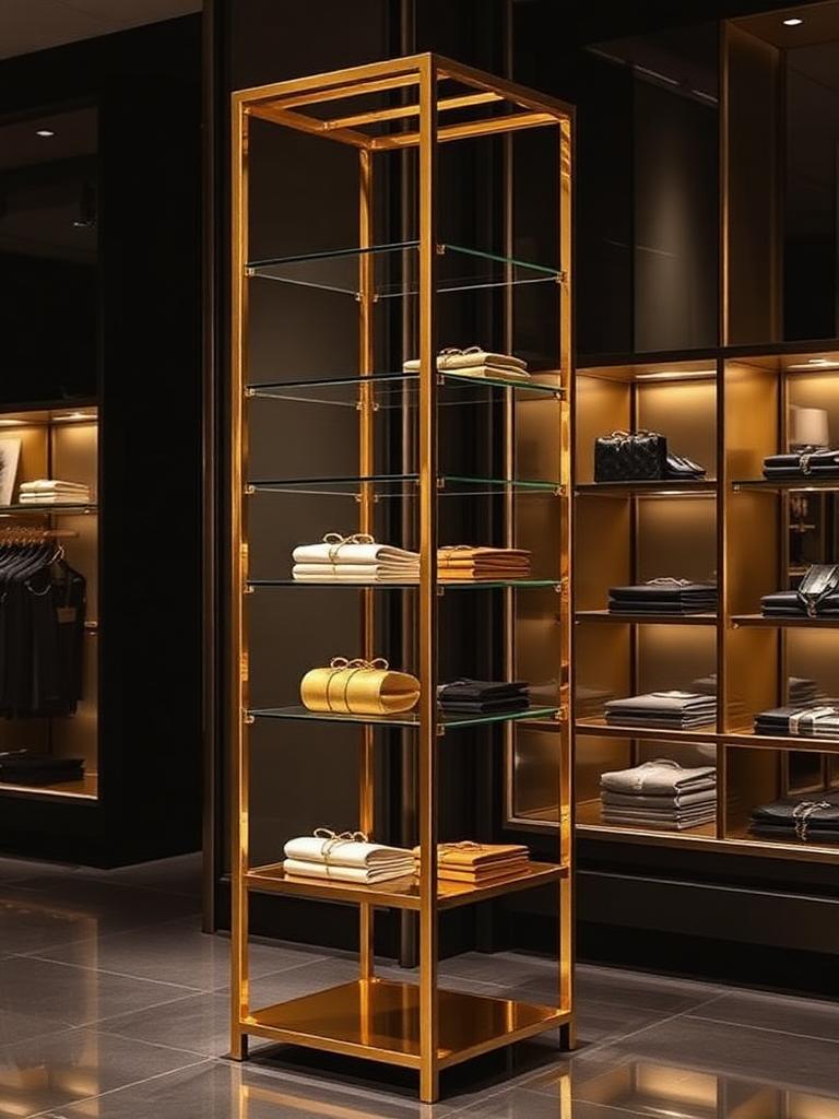 Gold and glass freestanding display tower rack — custom display rack manufacturer Delhi NCR