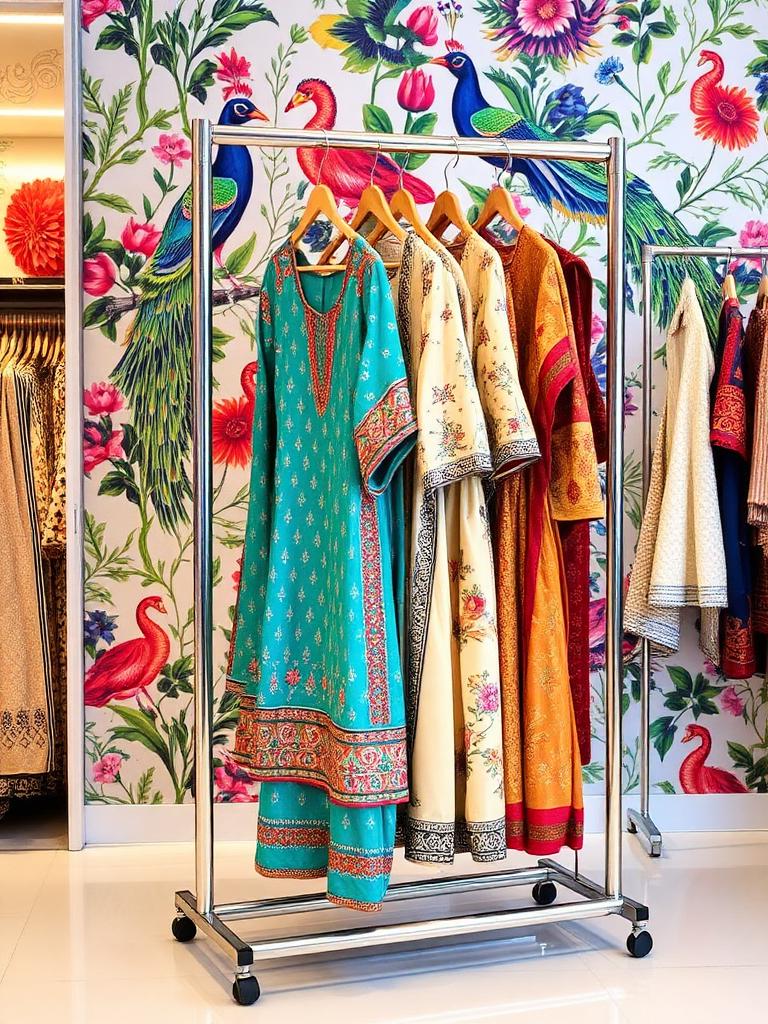 Chrome boutique garment rack with Indian mural backdrop — Prime Display Racks